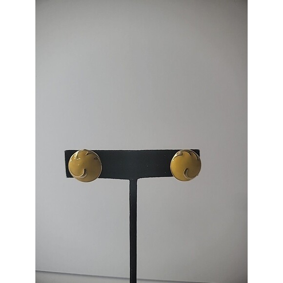 Vintage Earrings Clip On Yellow Round Gold Tone Swirl Accents Jewelry Costume - Picture 7 of 13